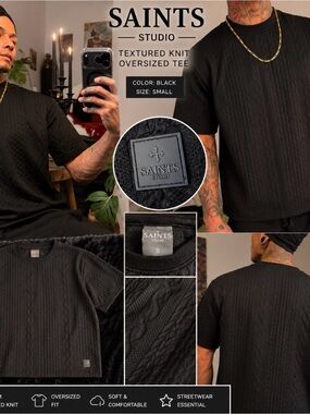 Textured Knit Oversized Tee - Black